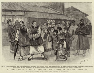 Een straattafereel in Tokio, Japanse jongens plagen Chinese bewoners door Georges Ferdinand Bigot